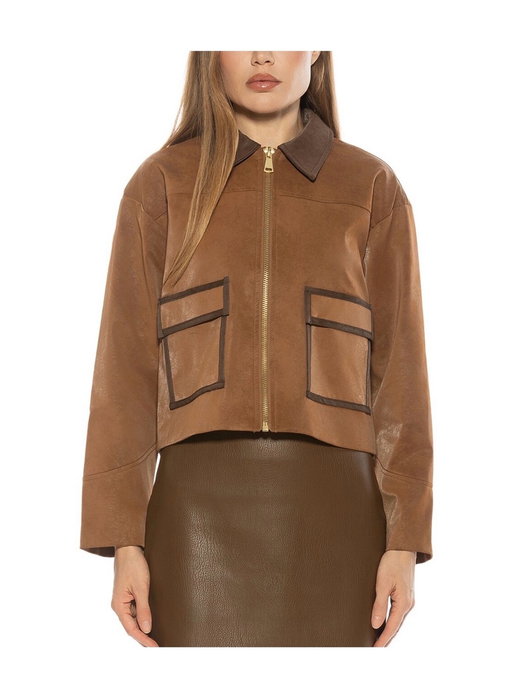 Alexia Admor Sorell Utility Jacket Medium Camel Faux Leather Cropped Jacket